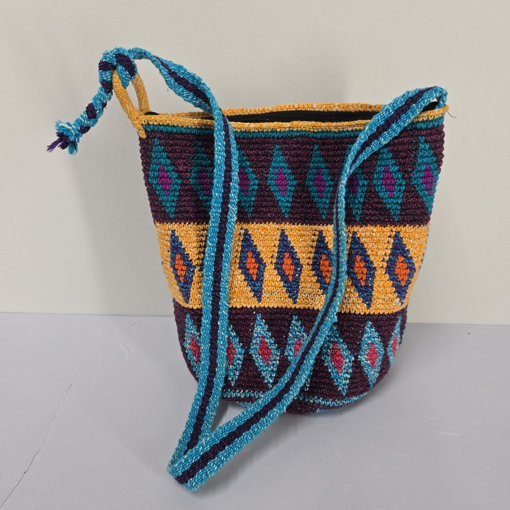 Handmade Crochet Shoulder Bag Boho Geometric Pattern‎ Multicolor Strap